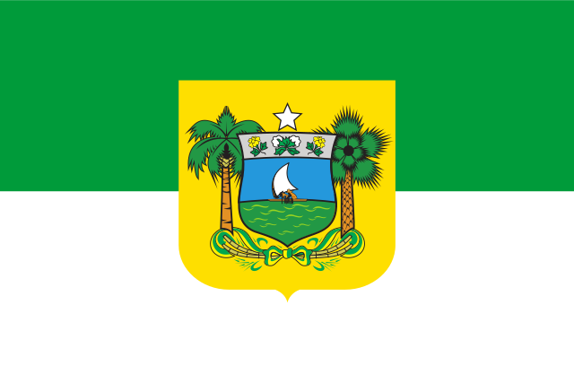 Metade de cima verde e metade de baixo branca; no centro, um escudo amarelo com um barco à vela no mar entre duas palmeiras e uma estrela no alto.